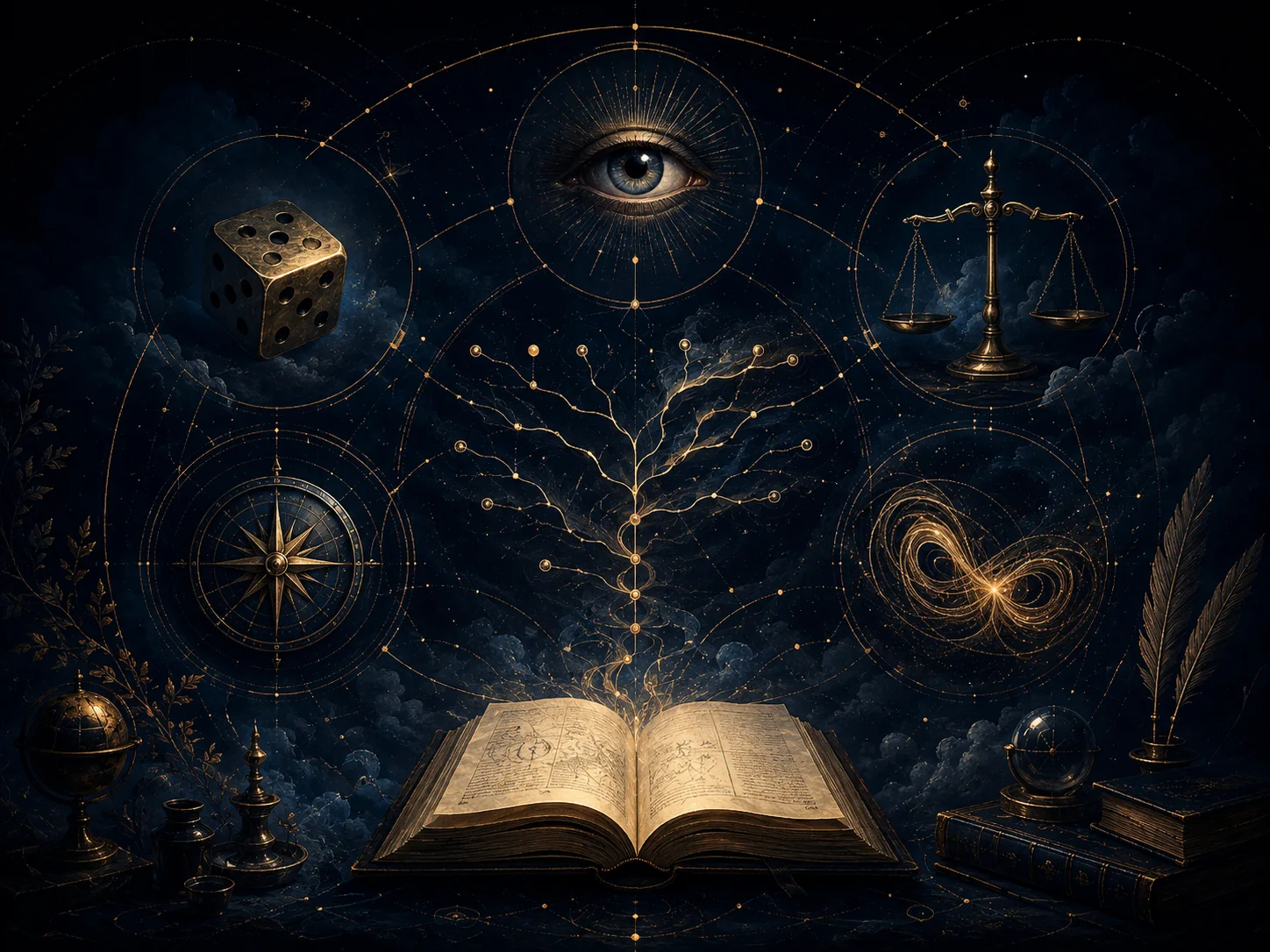Bibliothèque visuelle sombre des concepts : hasard, regard, livre et boussole