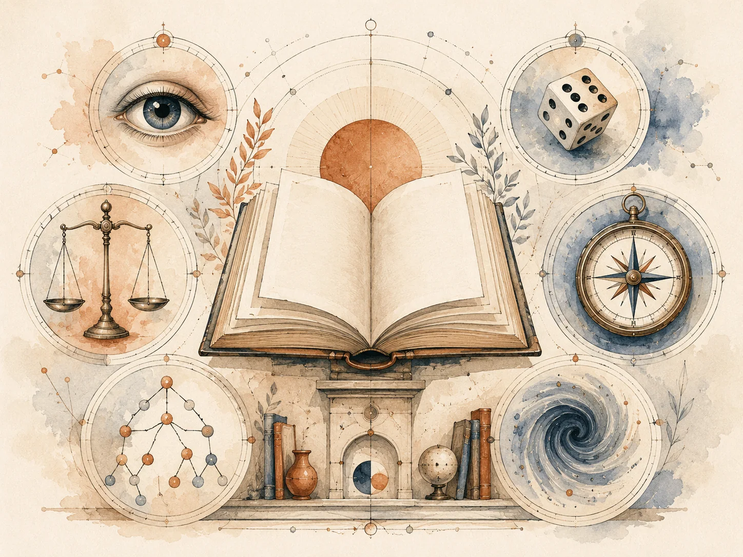 Bibliothèque visuelle claire des concepts : hasard, regard, livre et boussole
