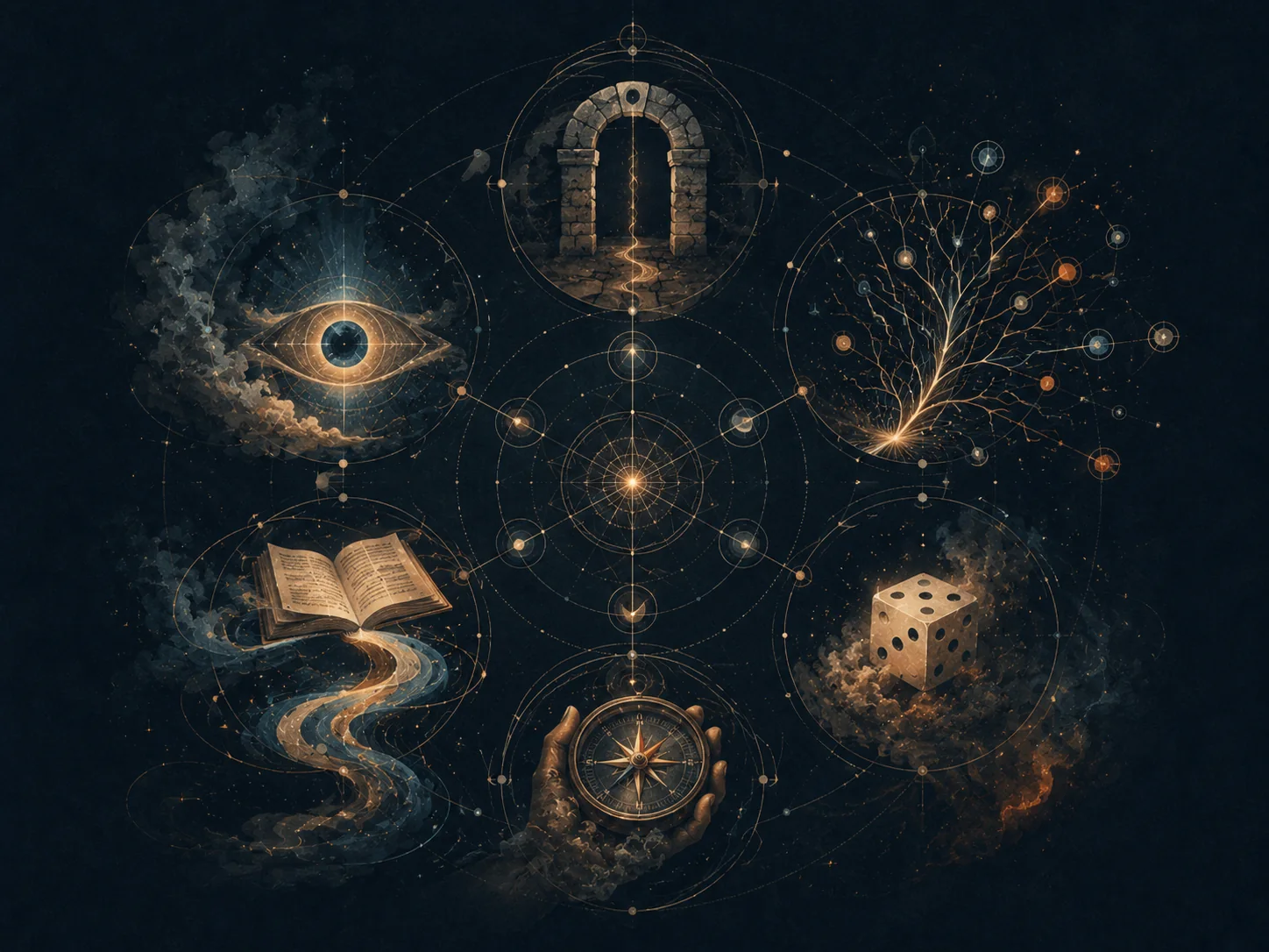 Carte symbolique sombre des causes, du hasard, du regard et de l’orientation