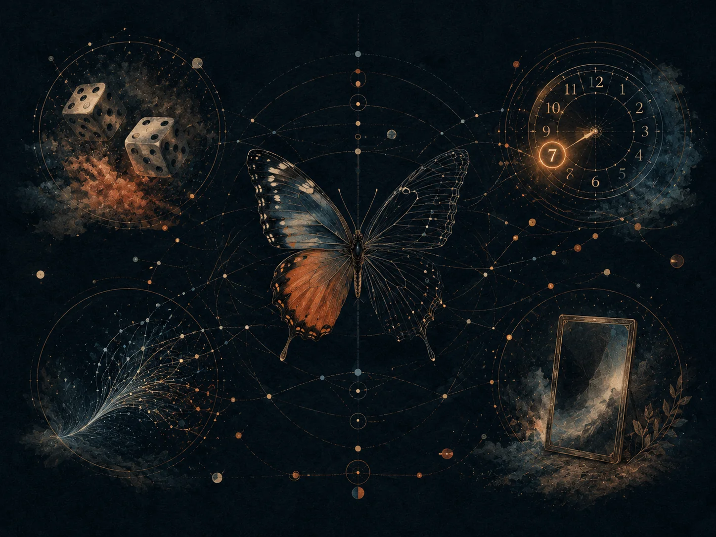 Collage sombre des expériences : dé, oeil, livre, boussole et bifurcations