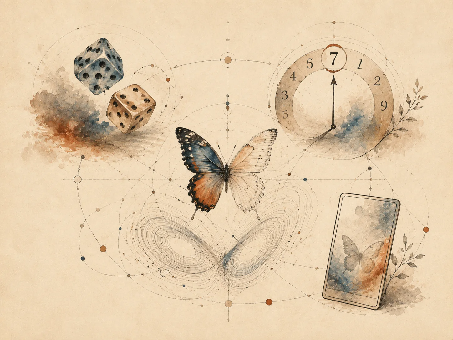 Collage clair des expériences : dé, oeil, livre, boussole et bifurcations