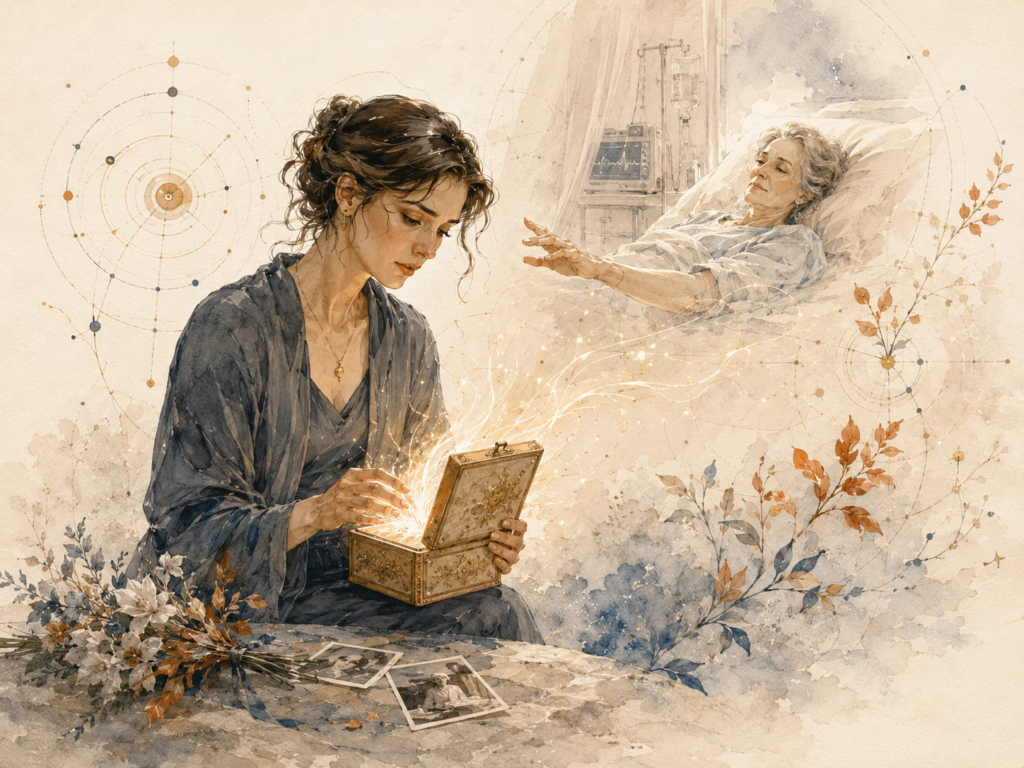 Marie ouvre une boîte à bijoux lumineuse ; sa mère apparaît en transparence dans une chambre d’hôpital — aquarelle claire
