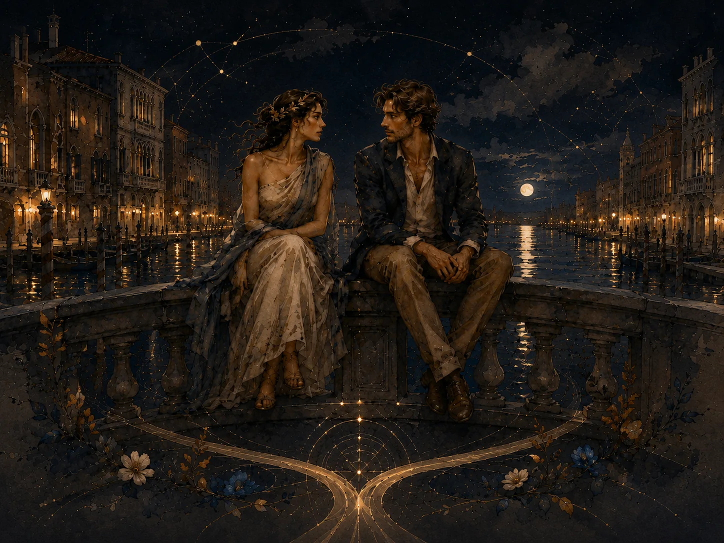 Camille et un inconnu assis face à face sur un pont vénitien sous la lune — version nocturne