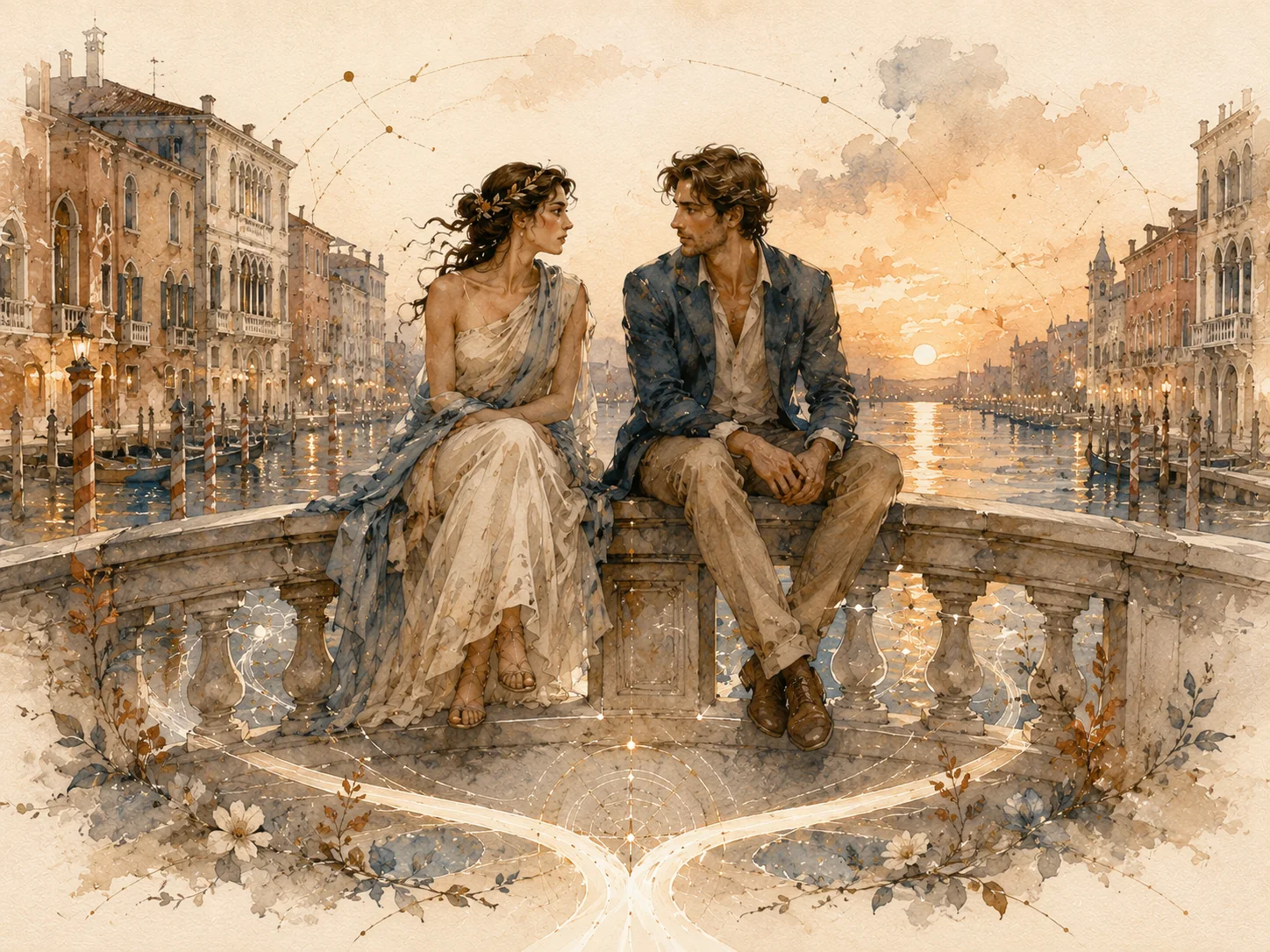 Camille et un inconnu assis face à face sur un pont vénitien au coucher de soleil — aquarelle claire