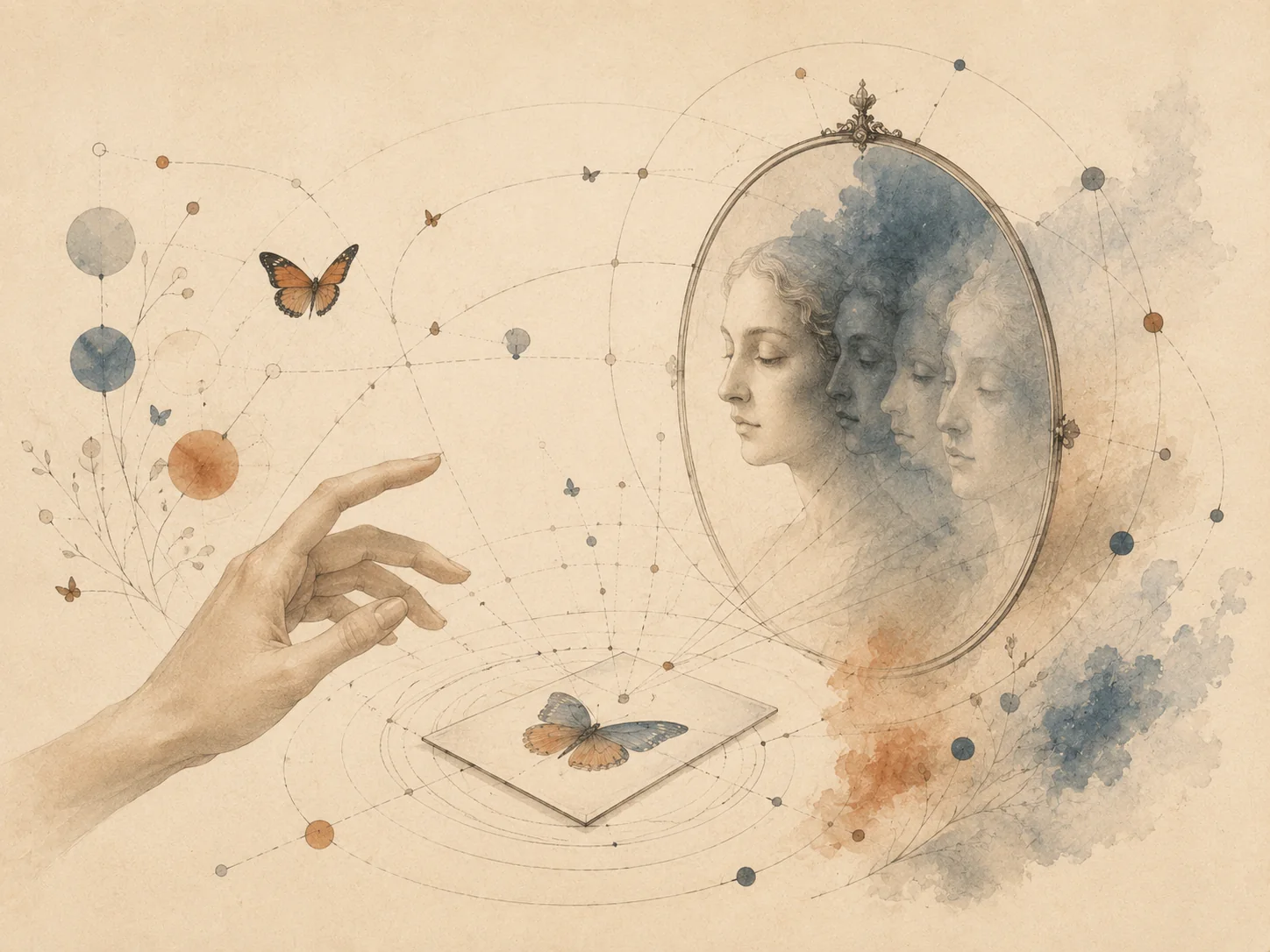 Main, carte et miroir de visages en version claire